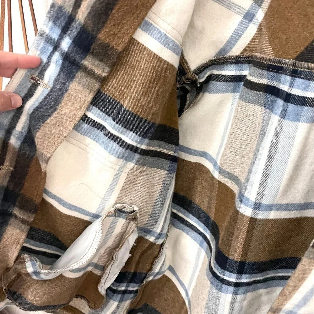Zara Plaid Tan Blue Long Sleeve Button Front Flannel Shacket Size XS 8682/190/08
